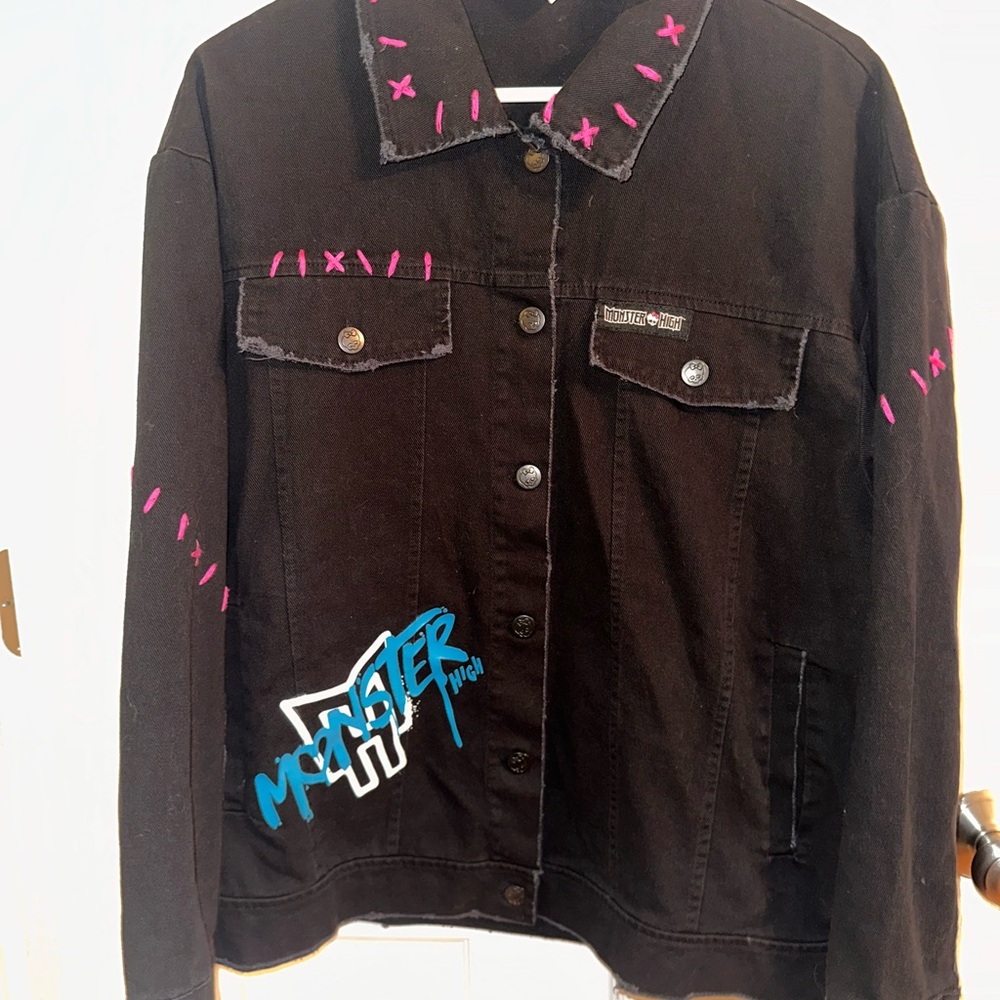 monster high Black Denim Jacket with Pink Stitching and Blue Graphic